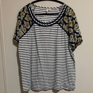Cato Navy and White Striped Floral Sleeve Top